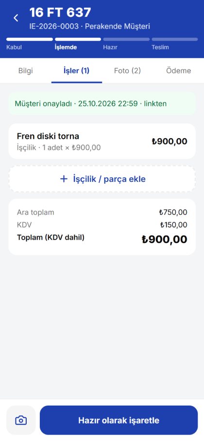 İş emri ekranı